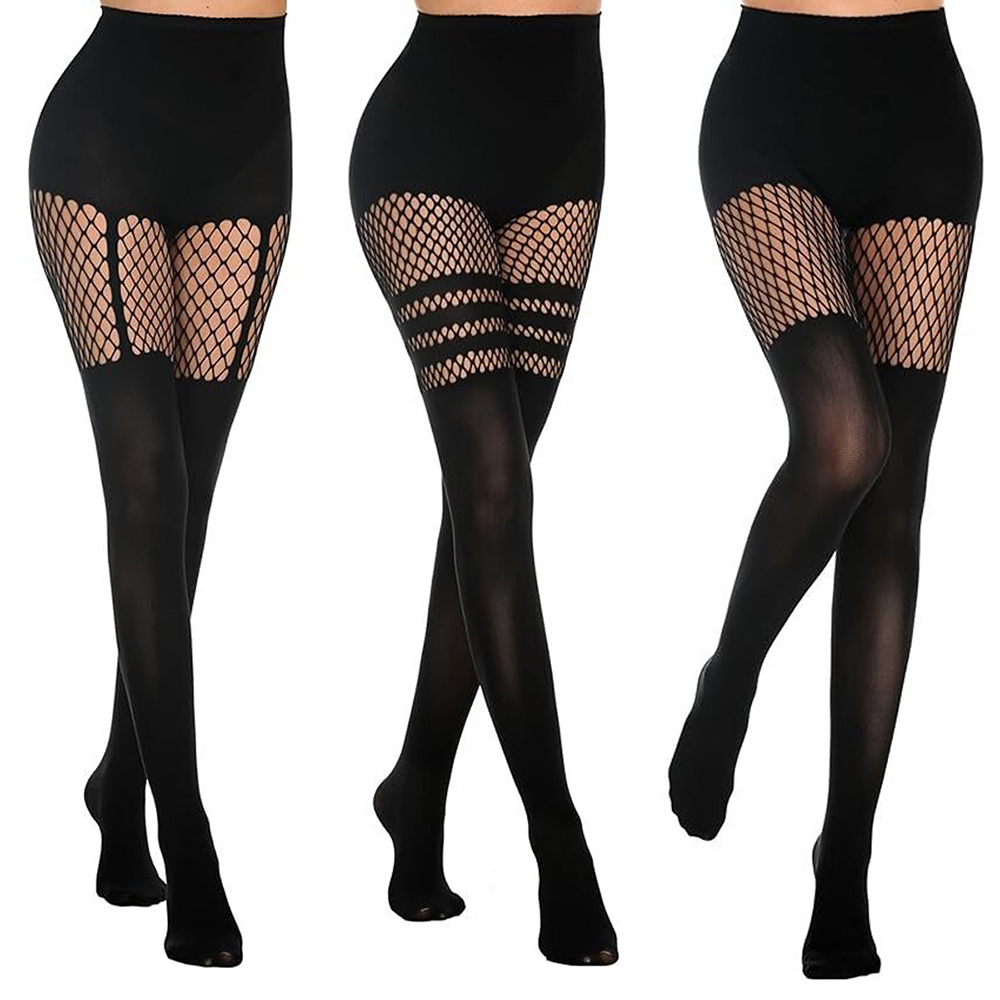 Fishnet Stocking Women - Meia-calça preta vazada com suspensórios, meias