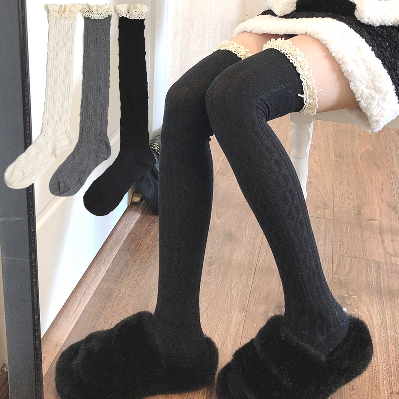 Knee High Sock Women - 1 par preto branco cinza rendas