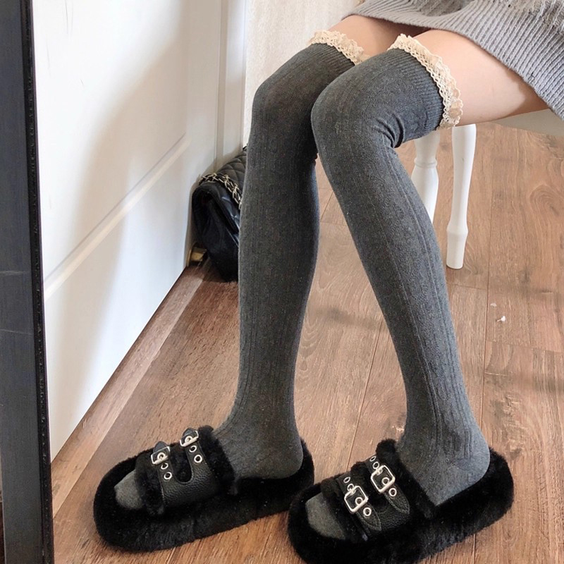 1 par preto branco cinza renda - Knee High Sock Women avaliação e preço